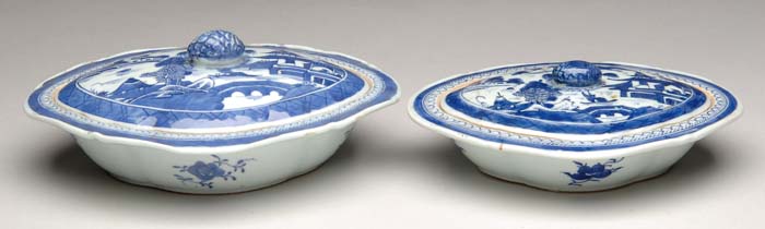 Appraisal: TWO OVAL BLUE AND WHITE CANTON COVERED SERVING DISHES Similar