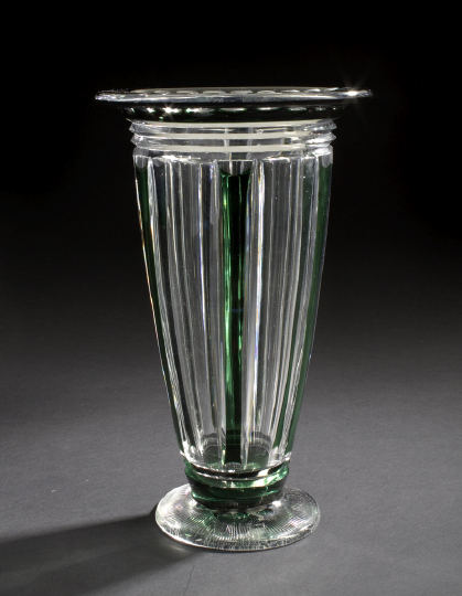 Appraisal: Val St Lambert Green Cut-to-Clear Vase ca Belgium of inverted