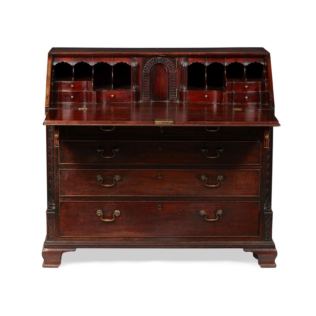 Appraisal: GEORGE III MAHOGANY BUREAU CIRCA the slant front opening to