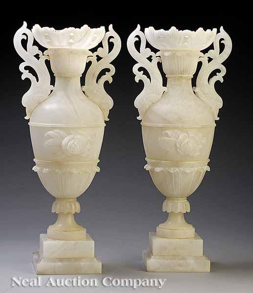 Appraisal: A Pair of Continental Alabaster Amphora-Form Urns late th c