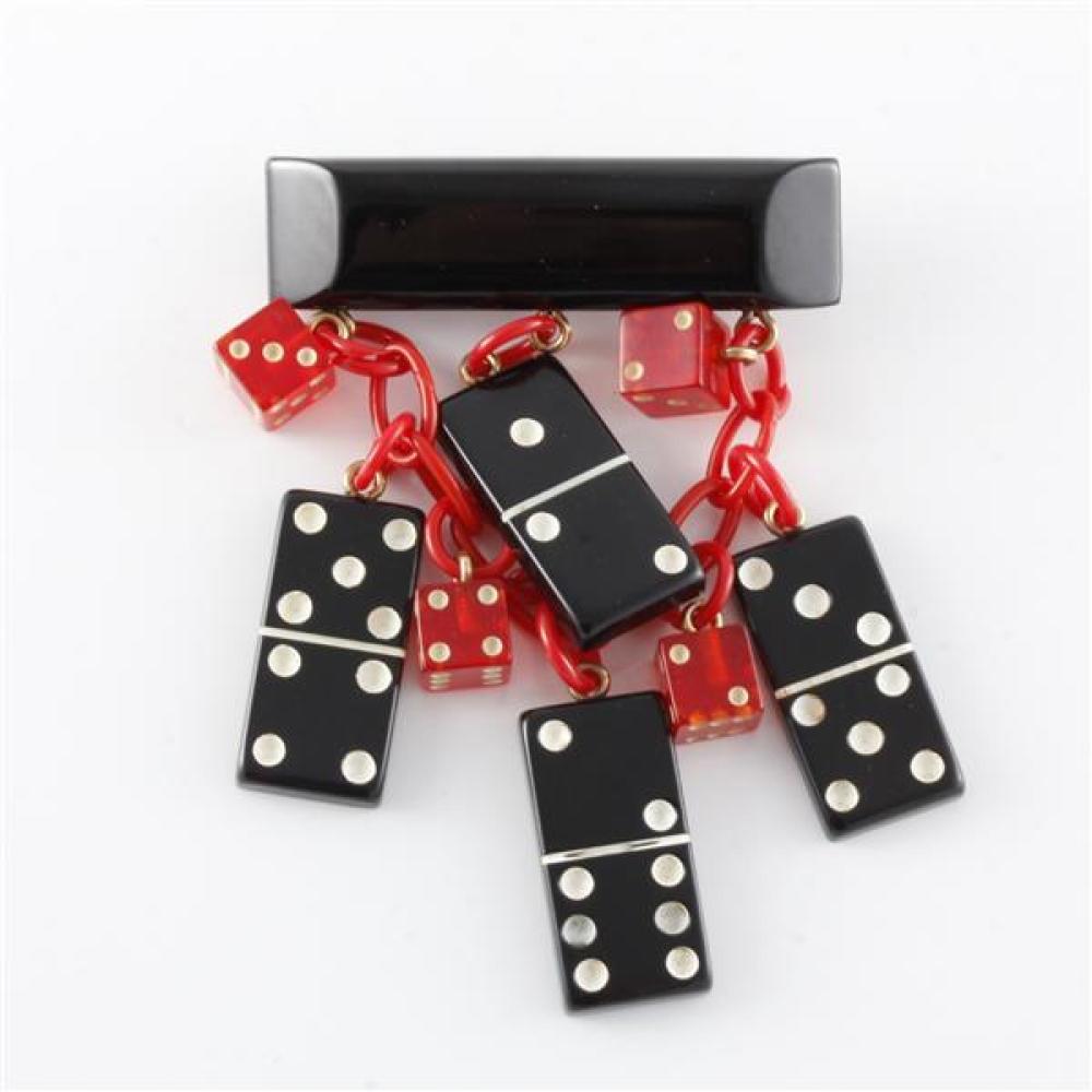 Appraisal: SHULTZ ARTISAN BAKELITE DOMINOES AND DICE CASINO BAR PIN WITH