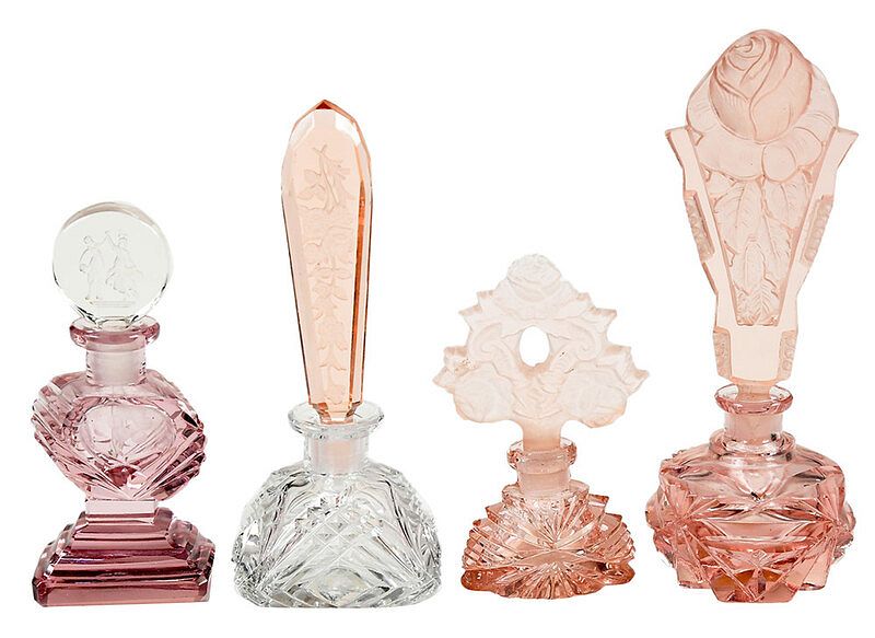 Appraisal: Four Cut Glass Perfumes with Etched Stoppers one peach with