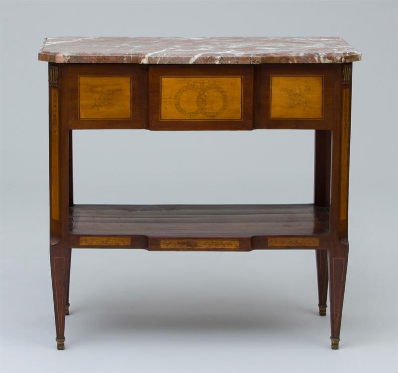 Appraisal: DUTCH NEOCLASSICAL GILT-METAL-MOUNTED MAHOGANY FRUITWOOD AND PENWORK CONSOLE With marble