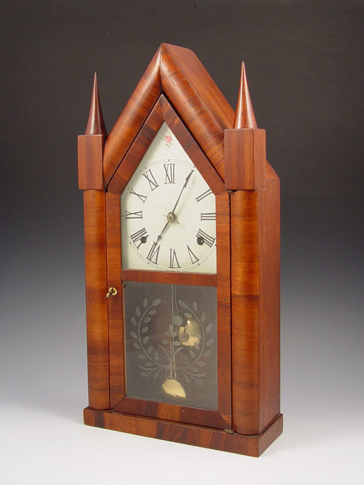 Appraisal: BREWSTER INGRAHAMS STEEPLE CLOCK Veneer exterior case with reverse painted