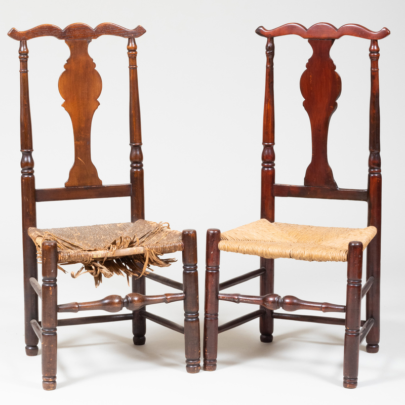 Appraisal: Two Similar Queen Anne Oak and Fruitwood Rush Seat Chairs