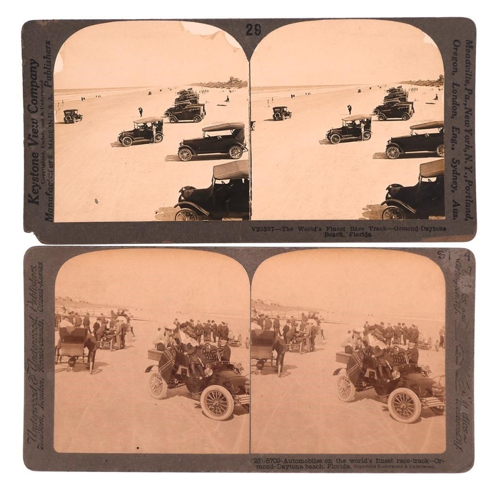 Appraisal: PHOTO STEREOVIEWS DAYTONA BEACH RACECARSTwo real-photo stereoview cards with views