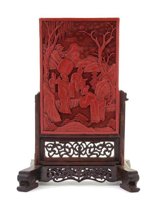 Appraisal: Sale Lot A Cinnabar Lacquer Plaque the rectangular panel carved