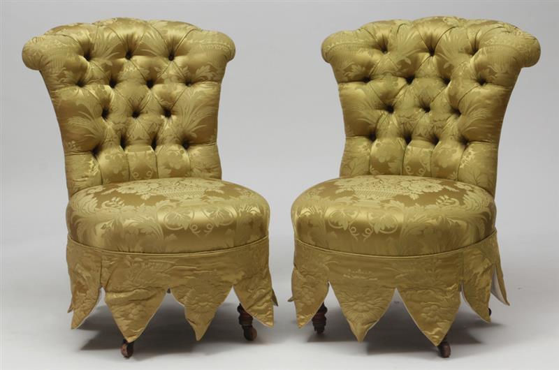 Appraisal: Pair of Victorian Style Mahogany and Tufted Damask Slipper Chairs