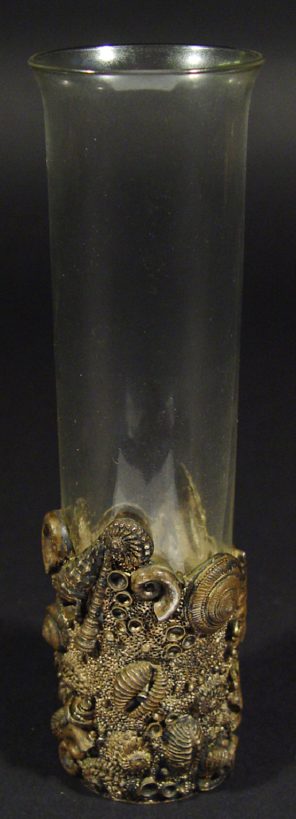 Appraisal: Cylindrical silver metal vase cast with seashells vase with clear