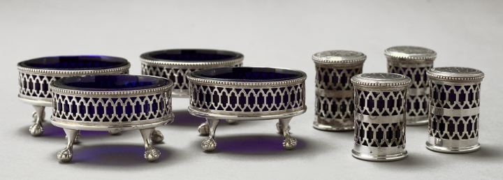 Appraisal: Four Pairs of English Sterling Silver and Cobalt Glass Open