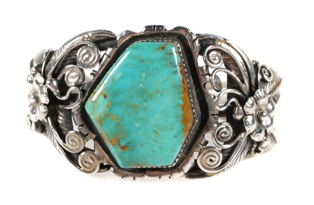 Appraisal: Sterling silver and turquoise cuff bracelet signed SY Sally Yazzie