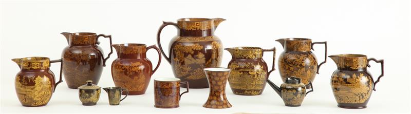 Appraisal: GROUP OF TWELVE STAFFORDSHIRE BROWN-GLAZED YELLOW TRANSFERWARE POTTERY TABLE ARTICLES