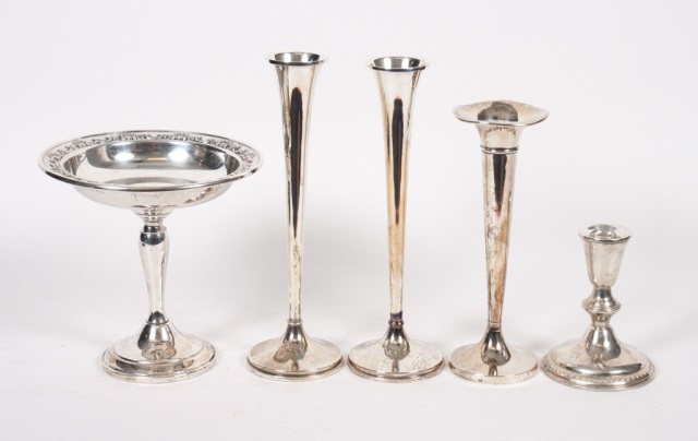 Appraisal: Five weighted sterling silver table articles including pair of Redlich