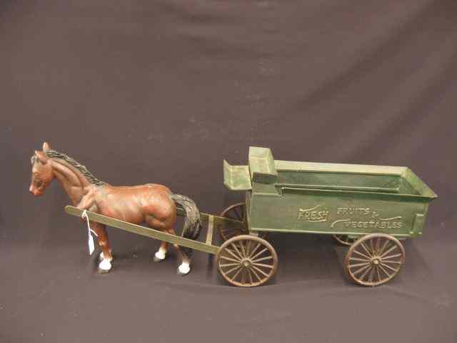 Appraisal: Toy Metal Horse Drawn Wagon ''Fresh Fruits Vegetables'' '' long