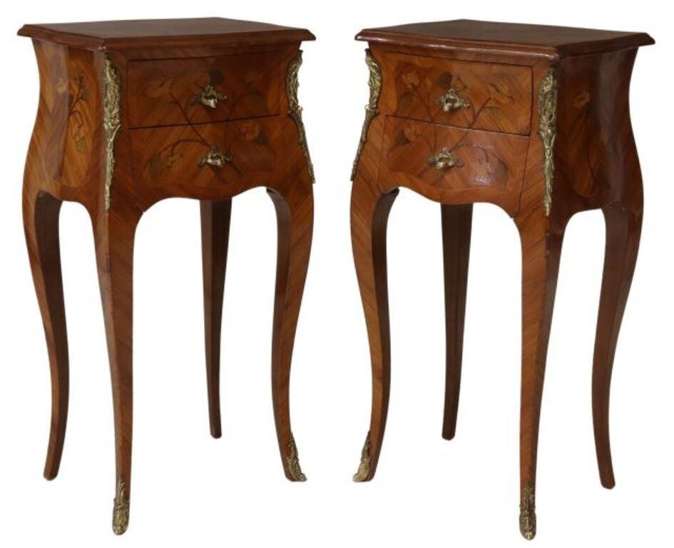 Appraisal: pair French Louis XV style marquetry nightstands th c floral