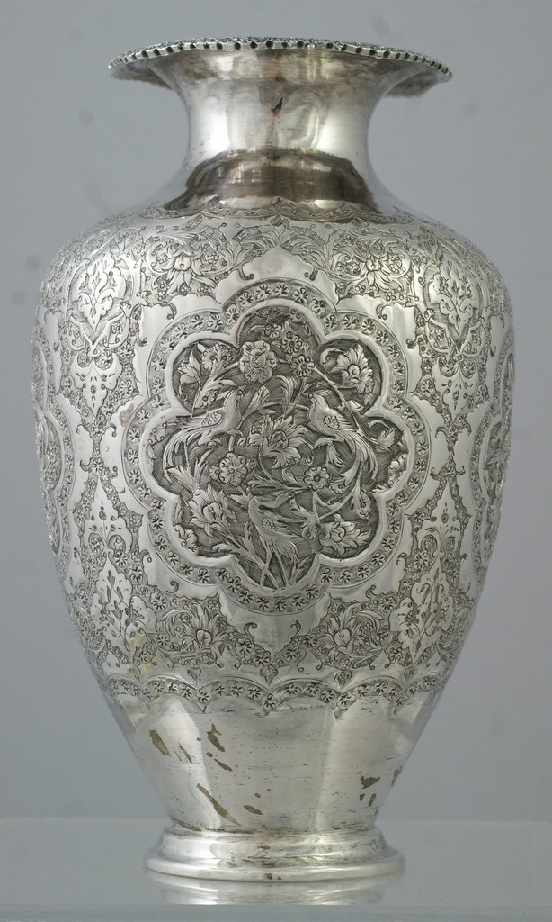 Appraisal: Fine Repousse Persian Silver Vase with exotic birds mark to