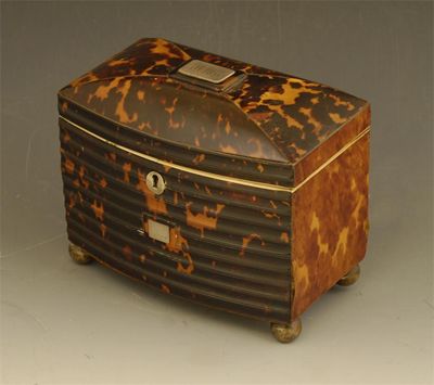 Appraisal: A Regency tortoiseshell bowfront tea caddy with pewter stringing to