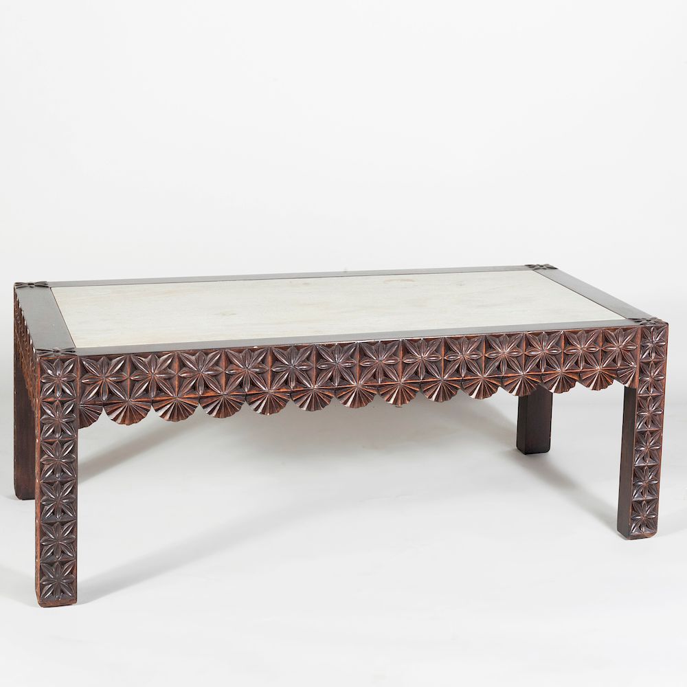 Appraisal: Modern Carved and Stained Hardwood Low Table Fitted with a