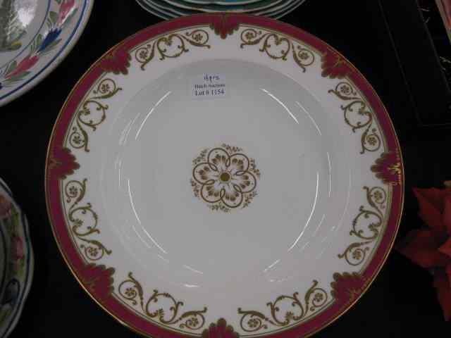 Appraisal: English Porcelain Soup Plates '' diameter burgandy gold excellent