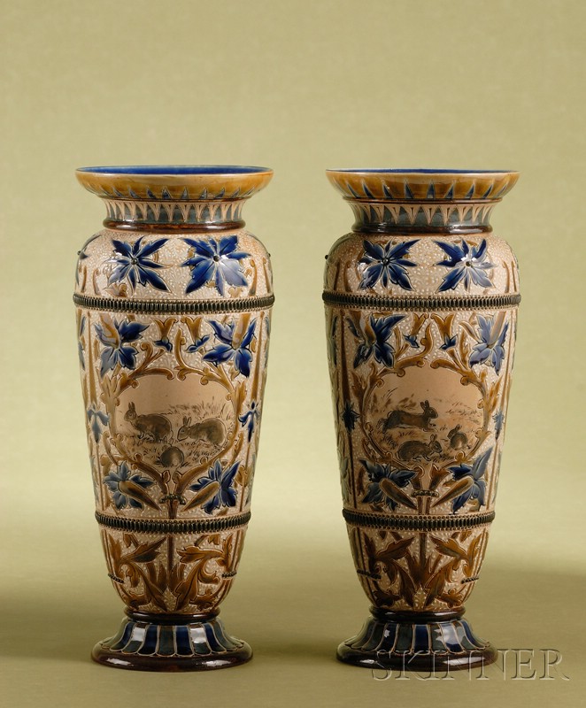 Appraisal: Pair of Doulton Lambeth Blue and Brown Salt-glaze Mantel Vases