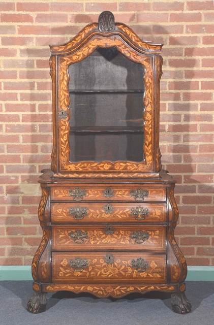 Appraisal: A DUTCH MARQUETRY VITRINE IN TWO SECTIONS the interior of