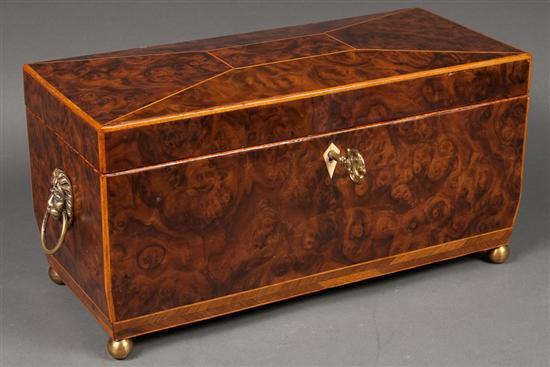 Appraisal: Regency stringer inlaid burl walnut tea caddy circa with lion