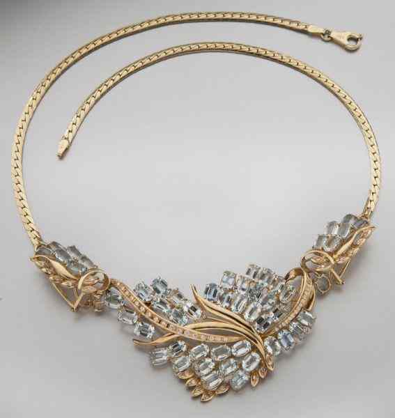 Appraisal: K diamond and aquamarine necklace earringand brooch conversion featuring oval