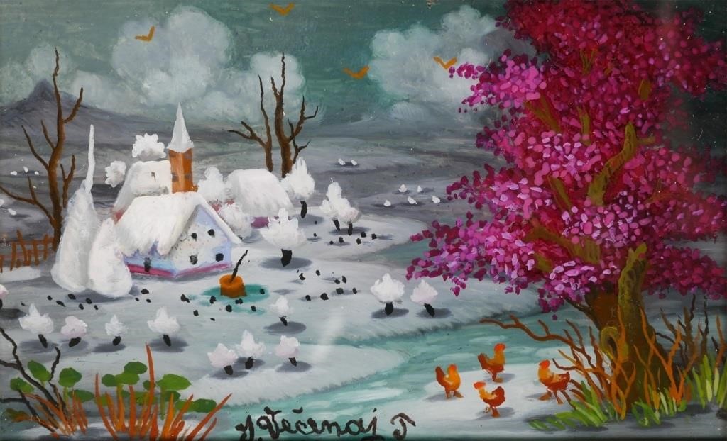 Appraisal: Reverse painting on glass of a winter scene by Ivan