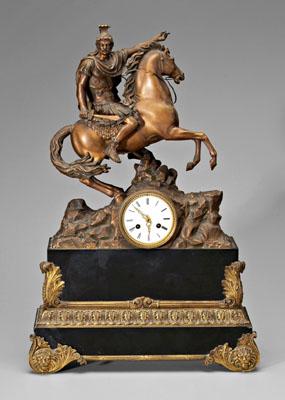 Appraisal: Spelterware clock Roman soldier on horseback above key-wind enameled clock