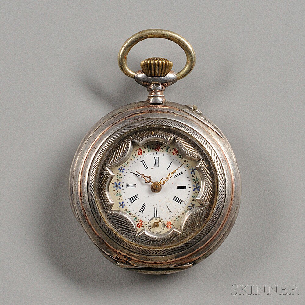 Appraisal: Swiss Continental Silver Demi-hunting Case Watch enamel dial with centered