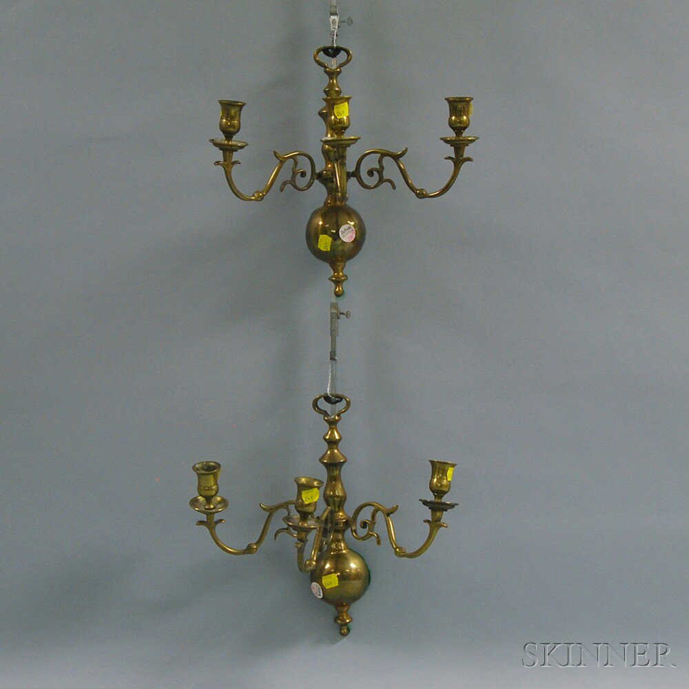 Appraisal: Pair of Dutch Brass Three-light Sconces ht in Estimate -