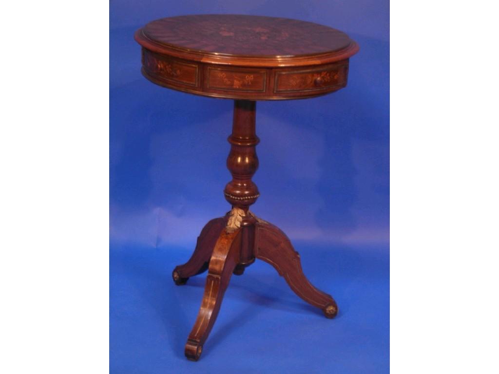 Appraisal: A thC floral marquetry inlaid circular top sewing pedestal table