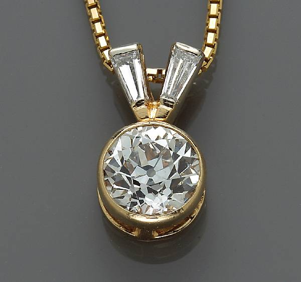 Appraisal: A diamond pendant with chain featuring a European-cut diamond weighing