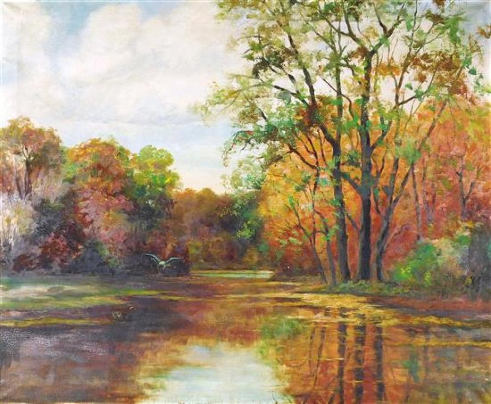 Appraisal: Autumn landscape oil on canvas in gilt frame depicts calm