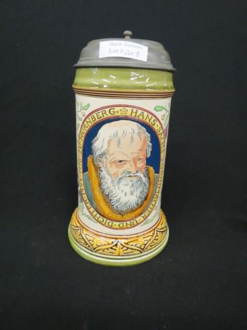 Appraisal: Mettlach Pottery Stein etched portrait Hans Sachs liter inlaid top