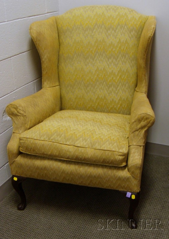 Appraisal: Queen Anne Style Flame-stitch-type Upholstered Carved Mahogany Wing Chair