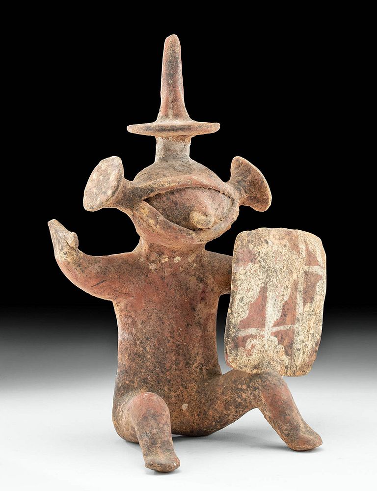 Appraisal: Nayarit Bi-Chrome Seated Warrior w Shield Helmet Pre-Columbian West Mexico