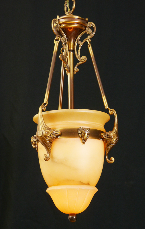 Appraisal: GILT METAL ALABASTER HANGING LIGHT Patinated metal frame and support