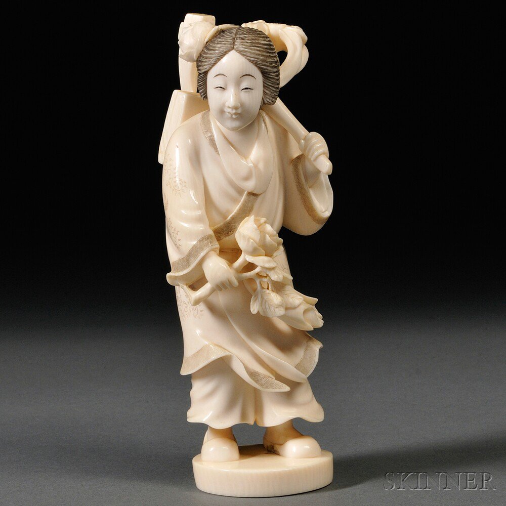 Appraisal: Ivory Okimono of a Woman with a Rose Japan th