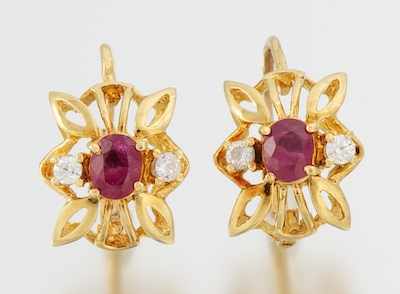 Appraisal: A Pair of Ladies' Ruby Earrings k yellow gold open