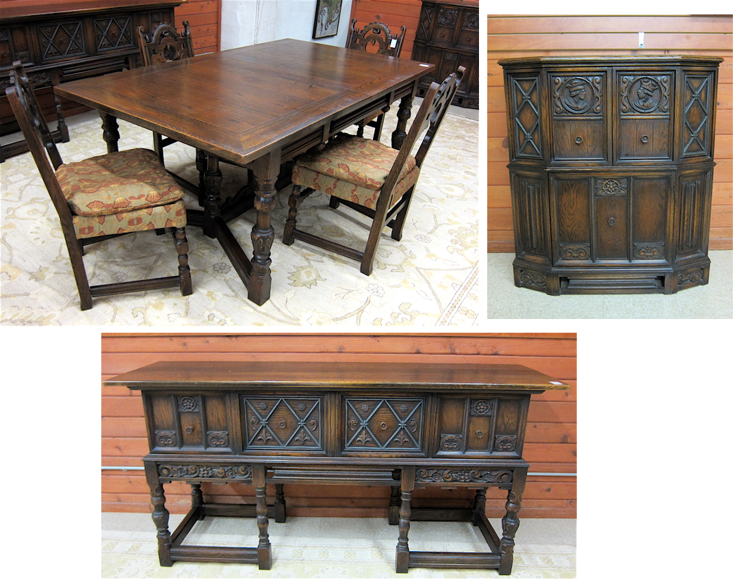 Appraisal: SEVEN-PIECE CARVED OAK DINING ROOM FURNITURE SET Grand Rapids Bookcase