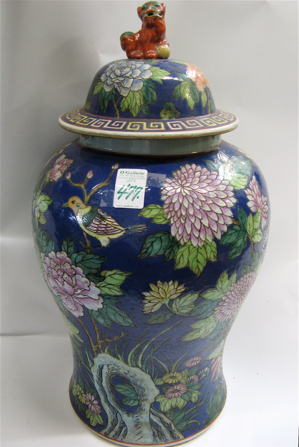 Appraisal: LARGE CHINESE POTTERY COVERED MELON JAR hand painted with stylized