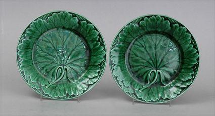 Appraisal: PAIR OF WEDGWOOD GREEN-GLAZED POTTERY CABBAGE LEAF PLATES Impressed mark