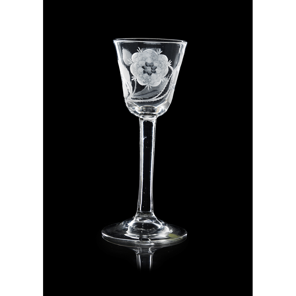 Appraisal: AN ENGRAVED JACOBITE WINE GLASS TH CENTURY the conical bowl