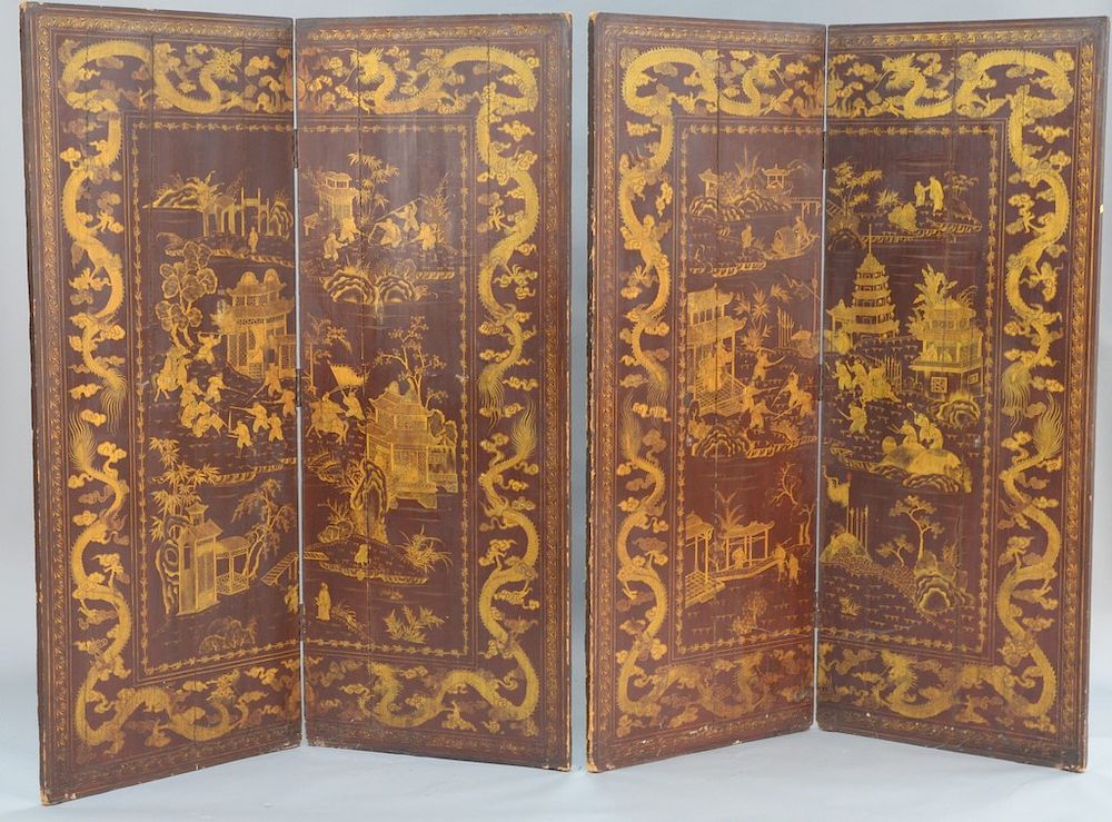 Appraisal: Pair of Chinese lacquered screens each with two large panels