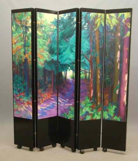 Appraisal: Decorative painted part folding screen Imperfections Missing castors Each section