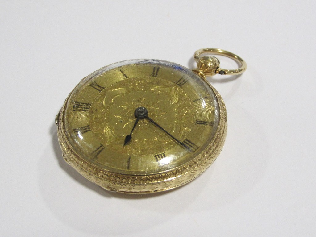 Appraisal: An eighteen carat gold open faced fob watch with gilt