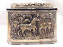 Appraisal: A silver plated locking biscuit box decorated with hunting scenes