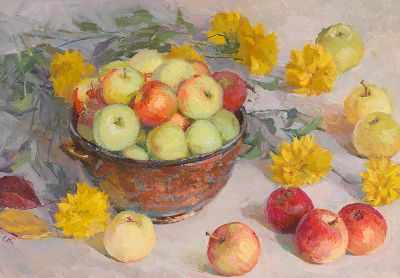 Appraisal: Olga Kalashnikova Russian b Apples and Flowers Oil on canvas