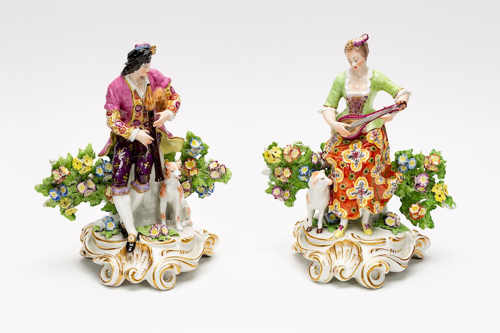 Appraisal: Pair Chelsea Style Porcelain Figures Man Woman Continental Early th